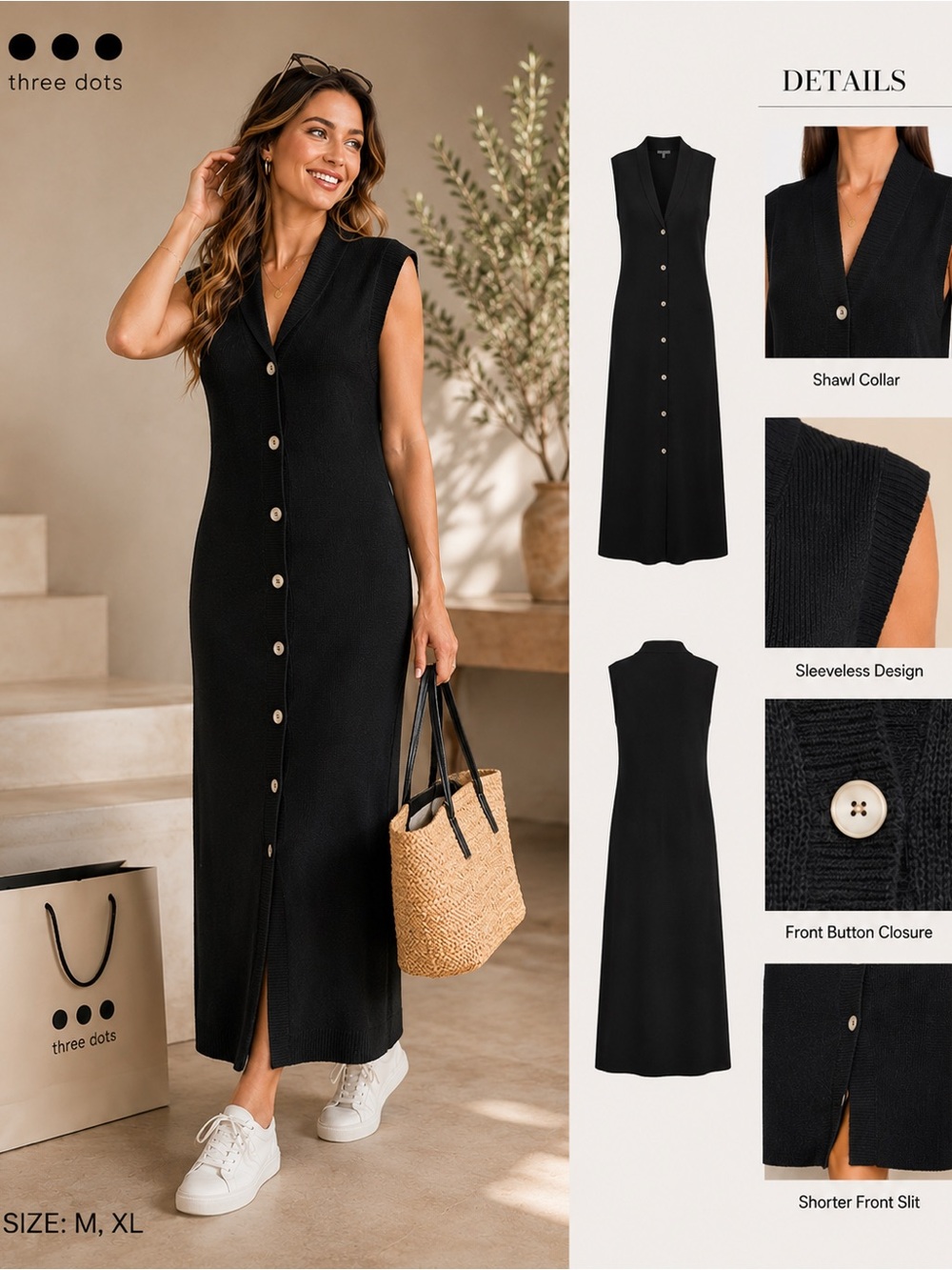 Three Dots Black Sleeveless Shawl-Collar Button-Front Maxi Dress